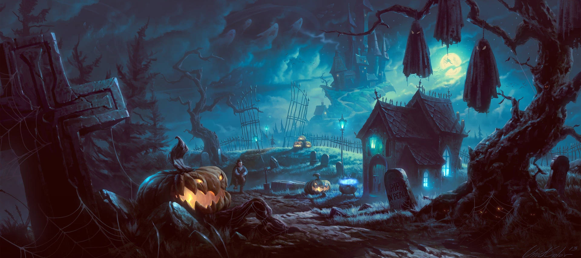Halloween Graveyard Pumpkins Vampire