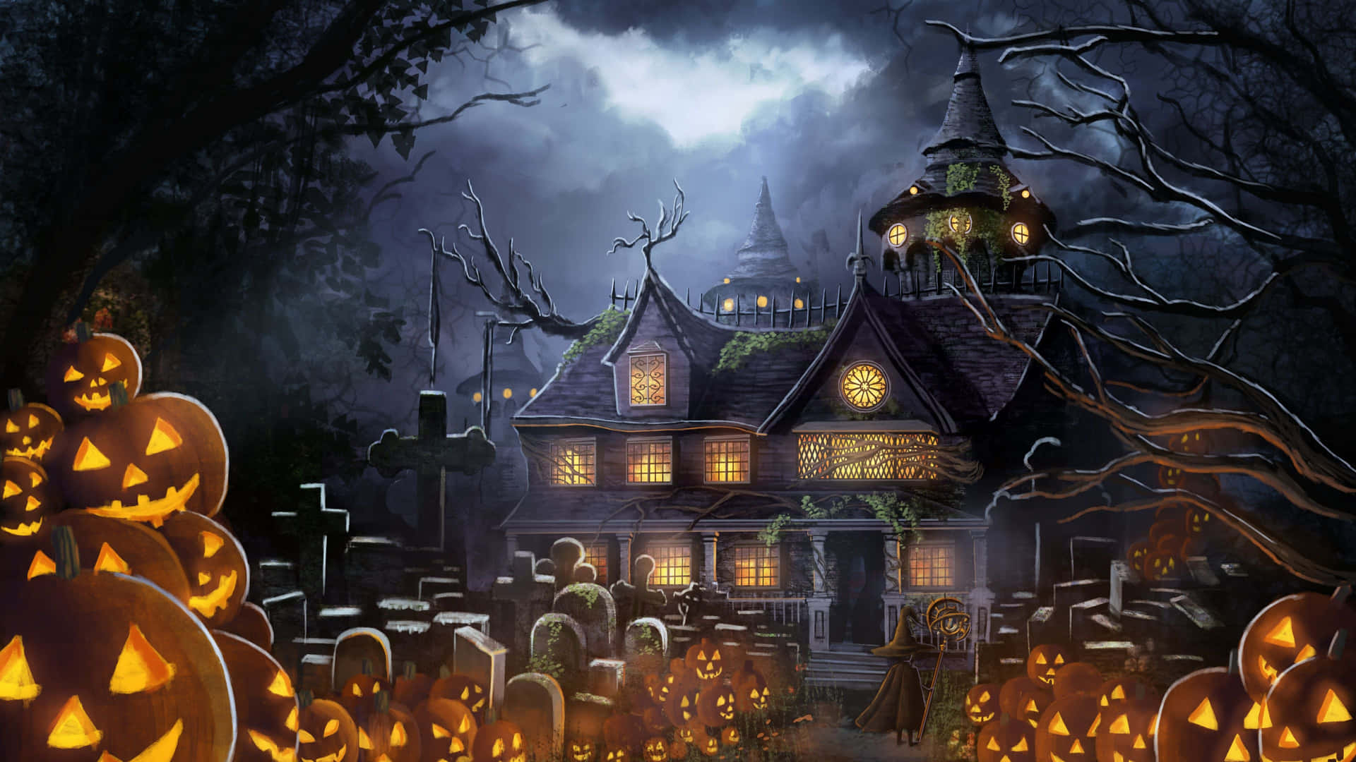 An eerie graveyard at night on Halloween Wallpaper