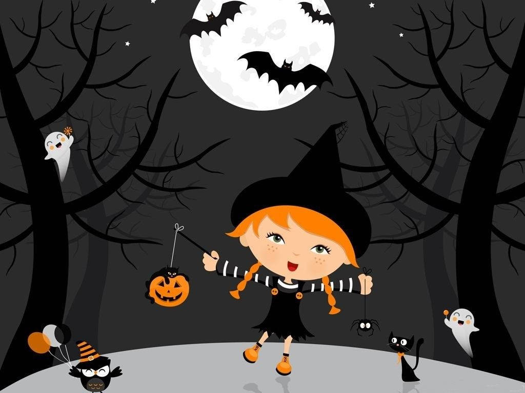 A Girl In A Witch Costume Is Standing In The Woods Wallpaper