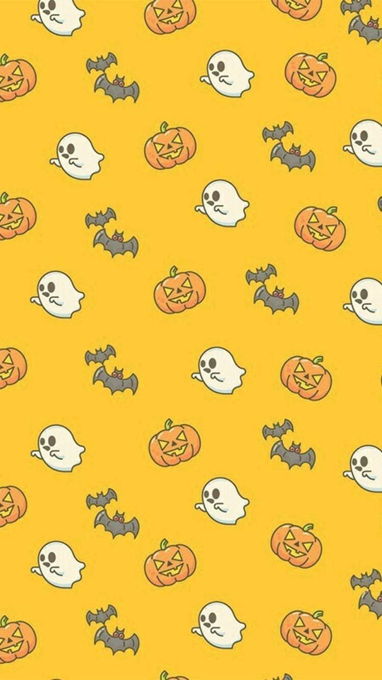 Et Halloween mønster med spøgelser og græskar på en gul baggrund. Wallpaper
