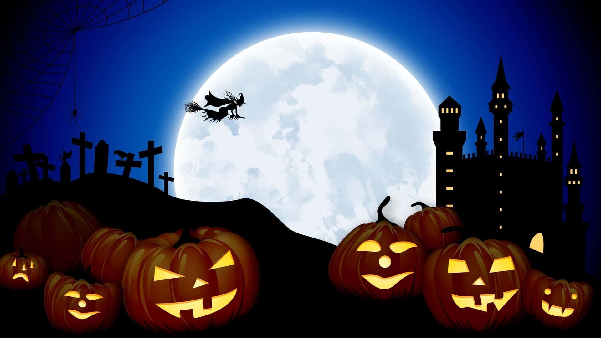 Calabazasde Halloween Y Castillo Con Luna Llena Fondo de pantalla