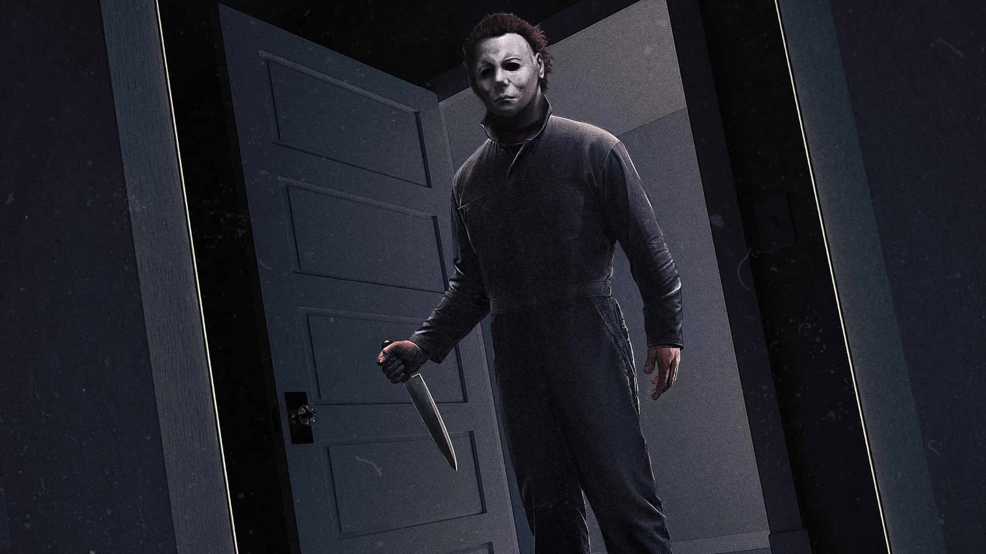 ღ Hjemråd din skræmmende Halloween-oplevelse til næste niveau med denne skræmmende Michael Myers tilbagetrækningsdør udformning. Wallpaper