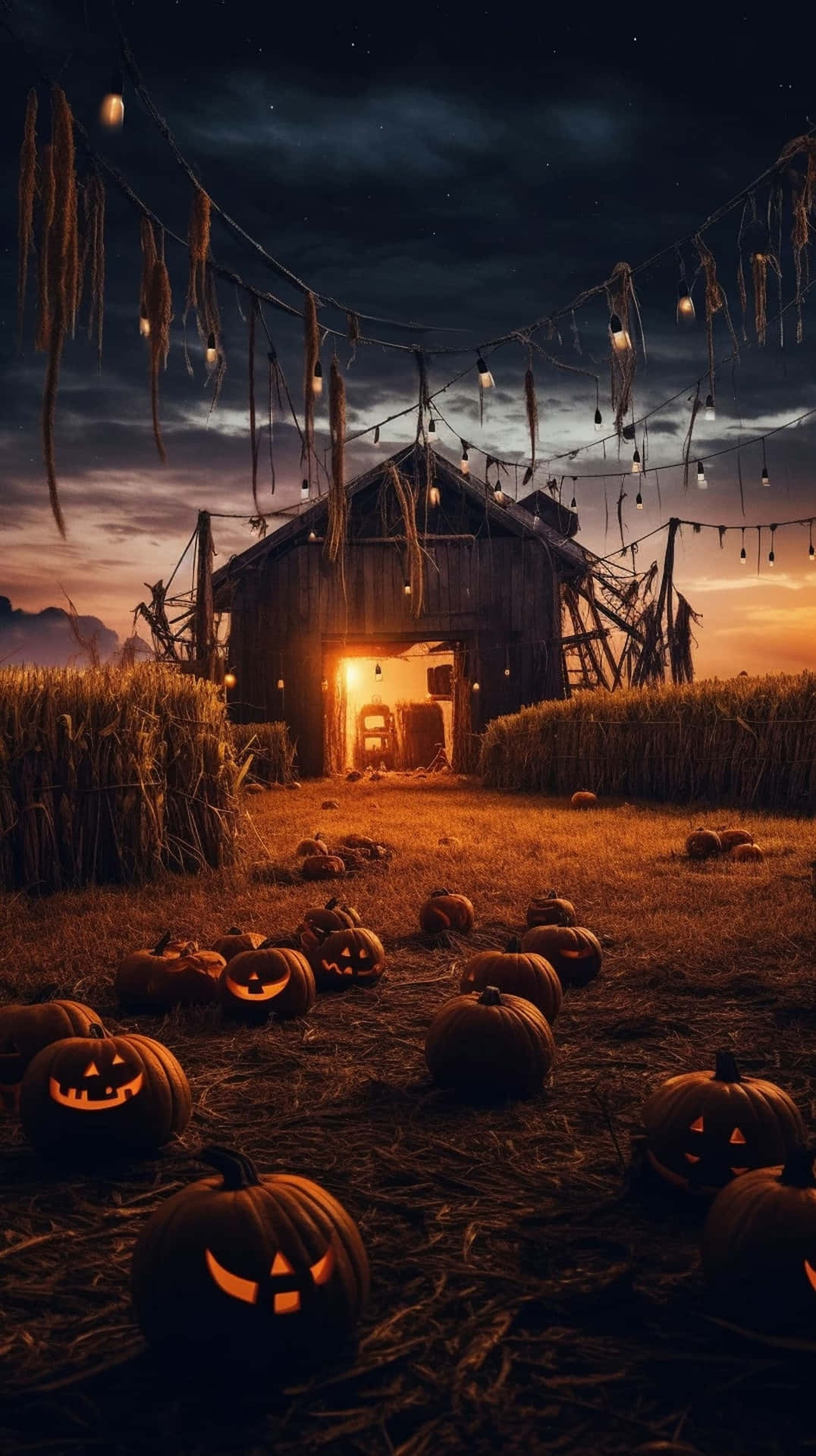 Halloween Night Pumpkin Patch Barn Wallpaper