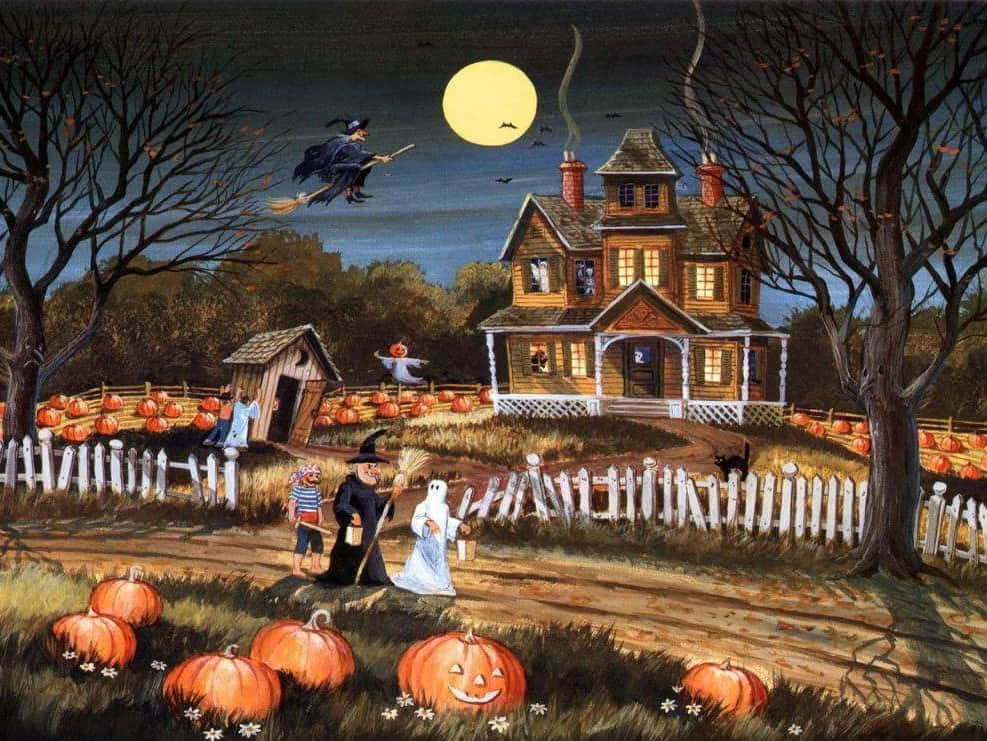 Halloween Night Victorian House Art Wallpaper