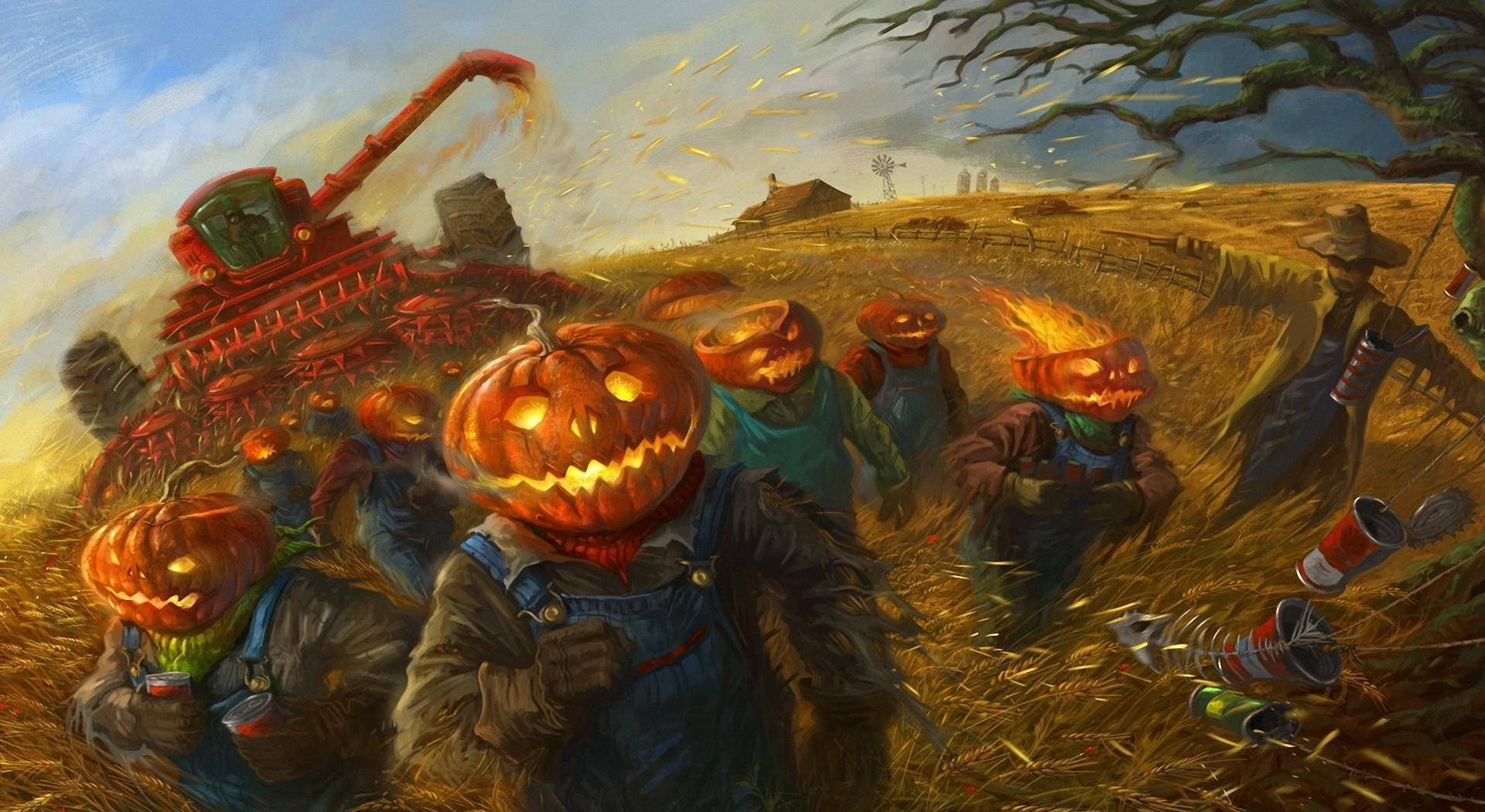 Pumpkin halloween painting with pumpkin heads running on a field with monster machine, ghost.