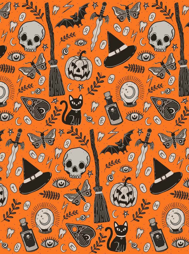 Halloween Pattern Orange Background Wallpaper