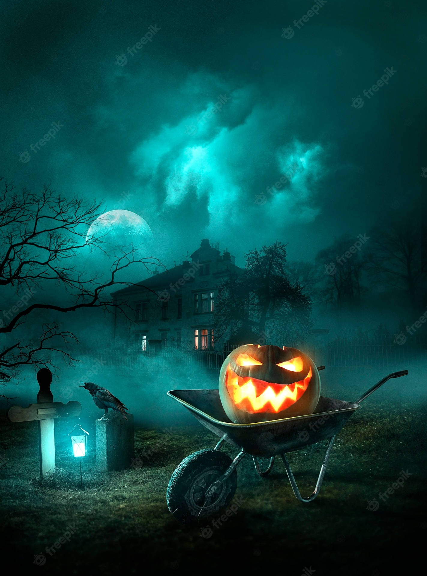 A Jack-O-Lantern pumpkin is illuminated under a dark starry sky. Wallpaper