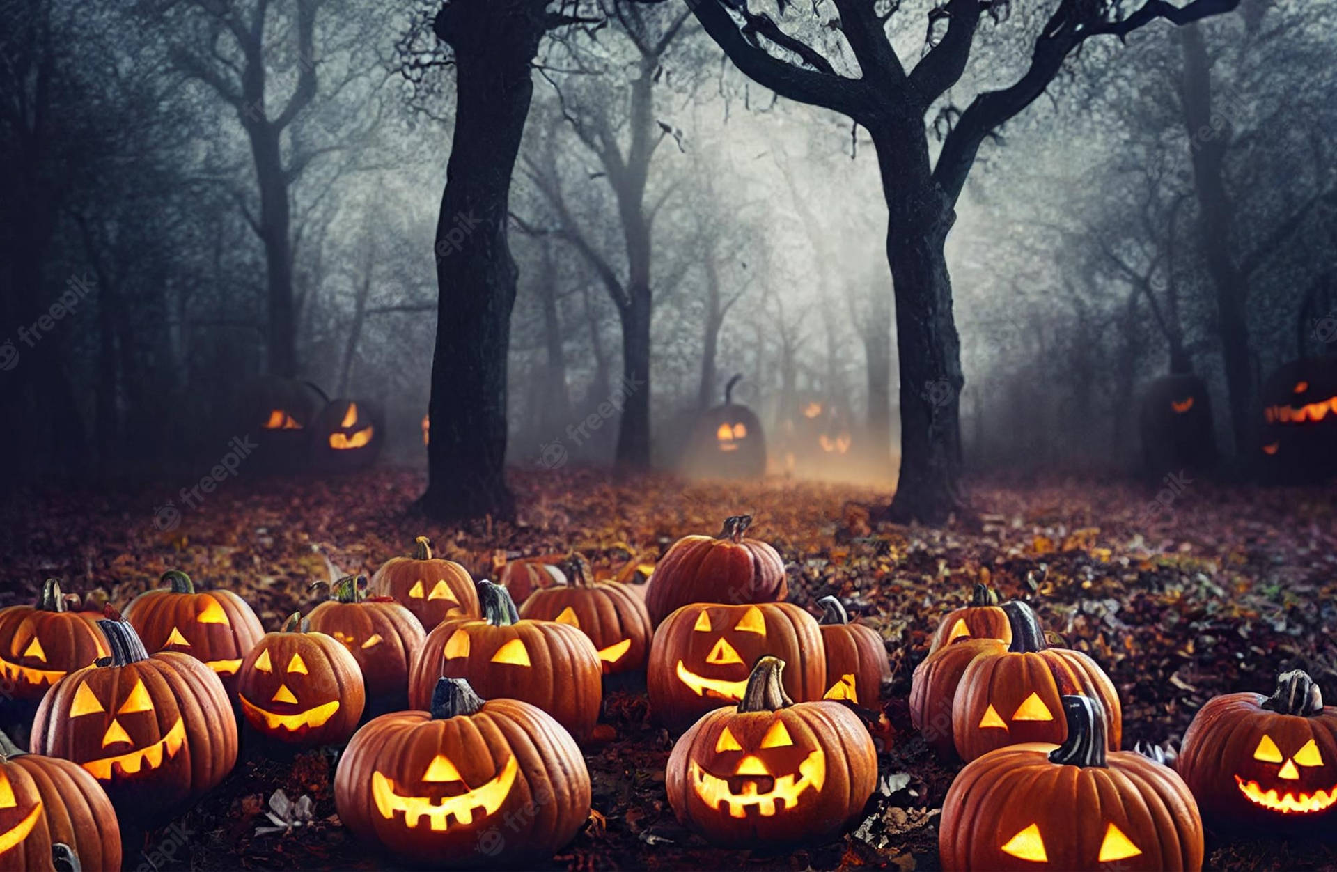 Calabazade Halloween Espeluznante Sentada En Una Cama De Hojas. Fondo de pantalla