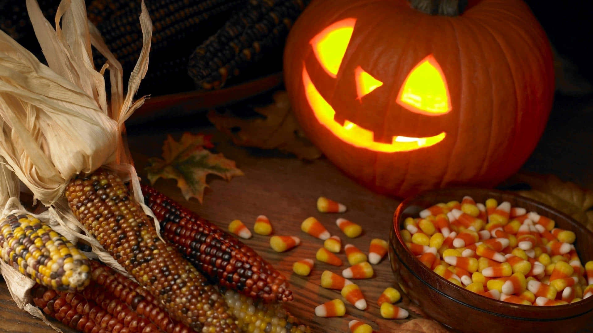 Halloween_ Pumpkin_and_ Candy_ Corn_ Display Wallpaper