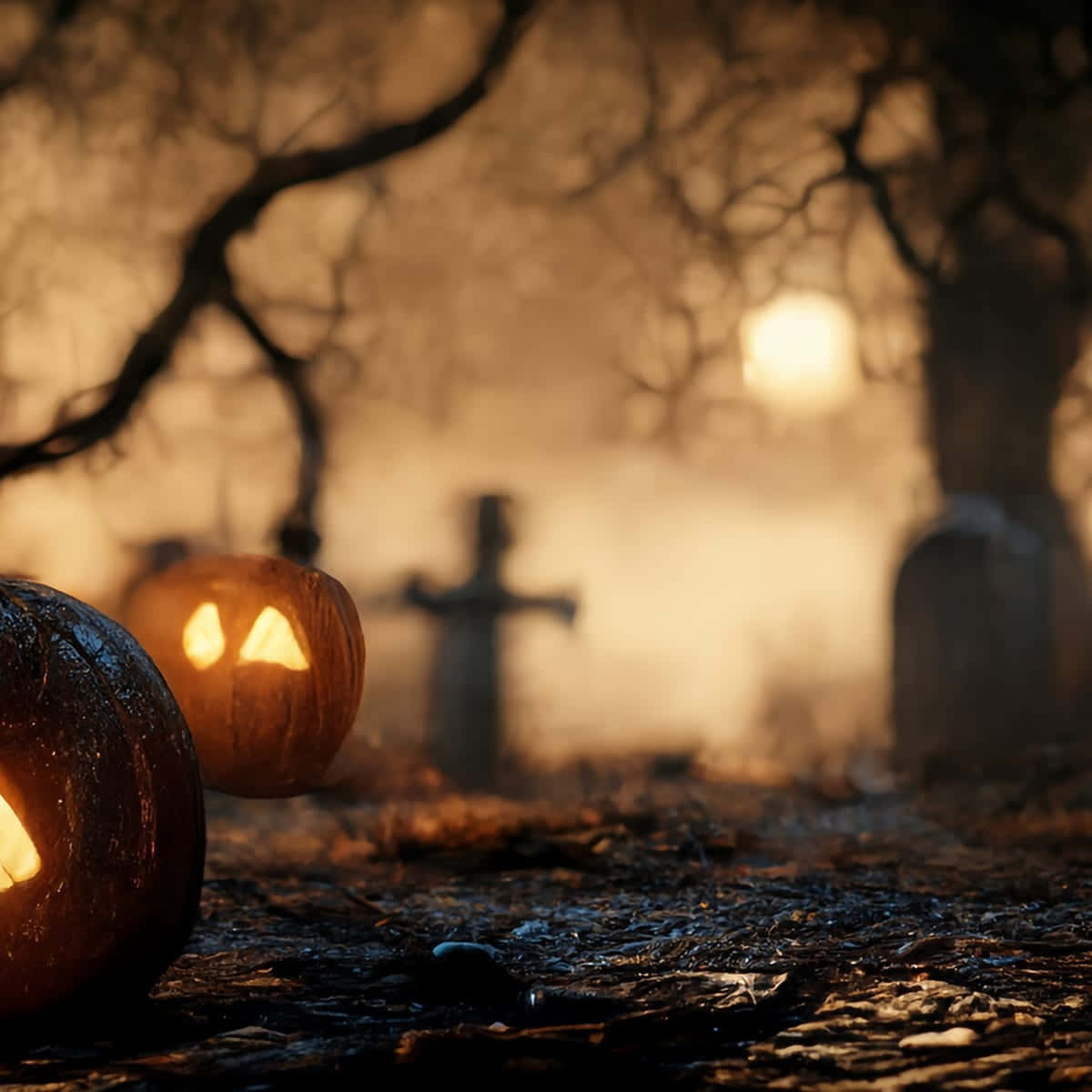 Fondode Pantalla De Calabazas De Halloween En Un Cielo De Cementerio