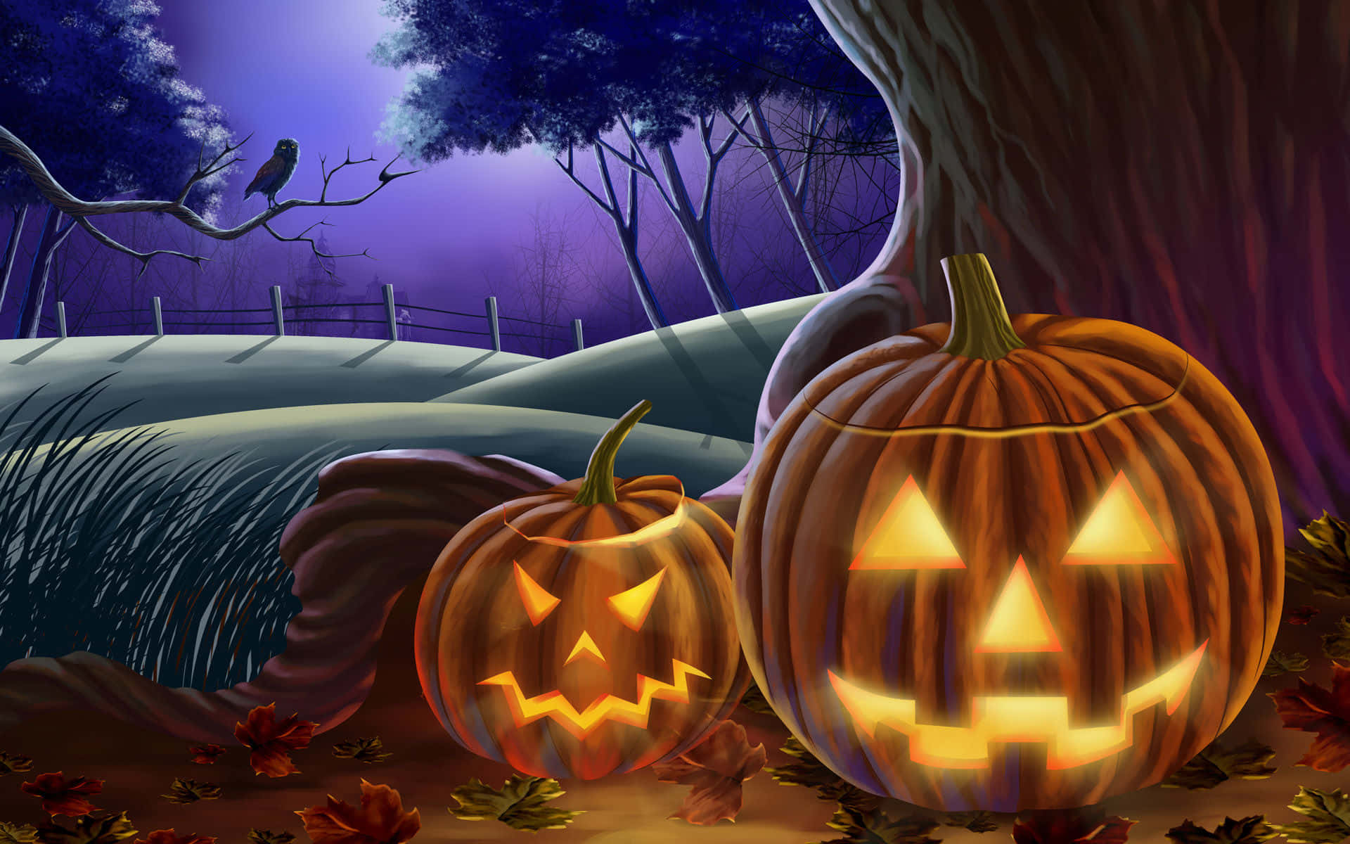 Halloween Pumpkins Background Tree Bark