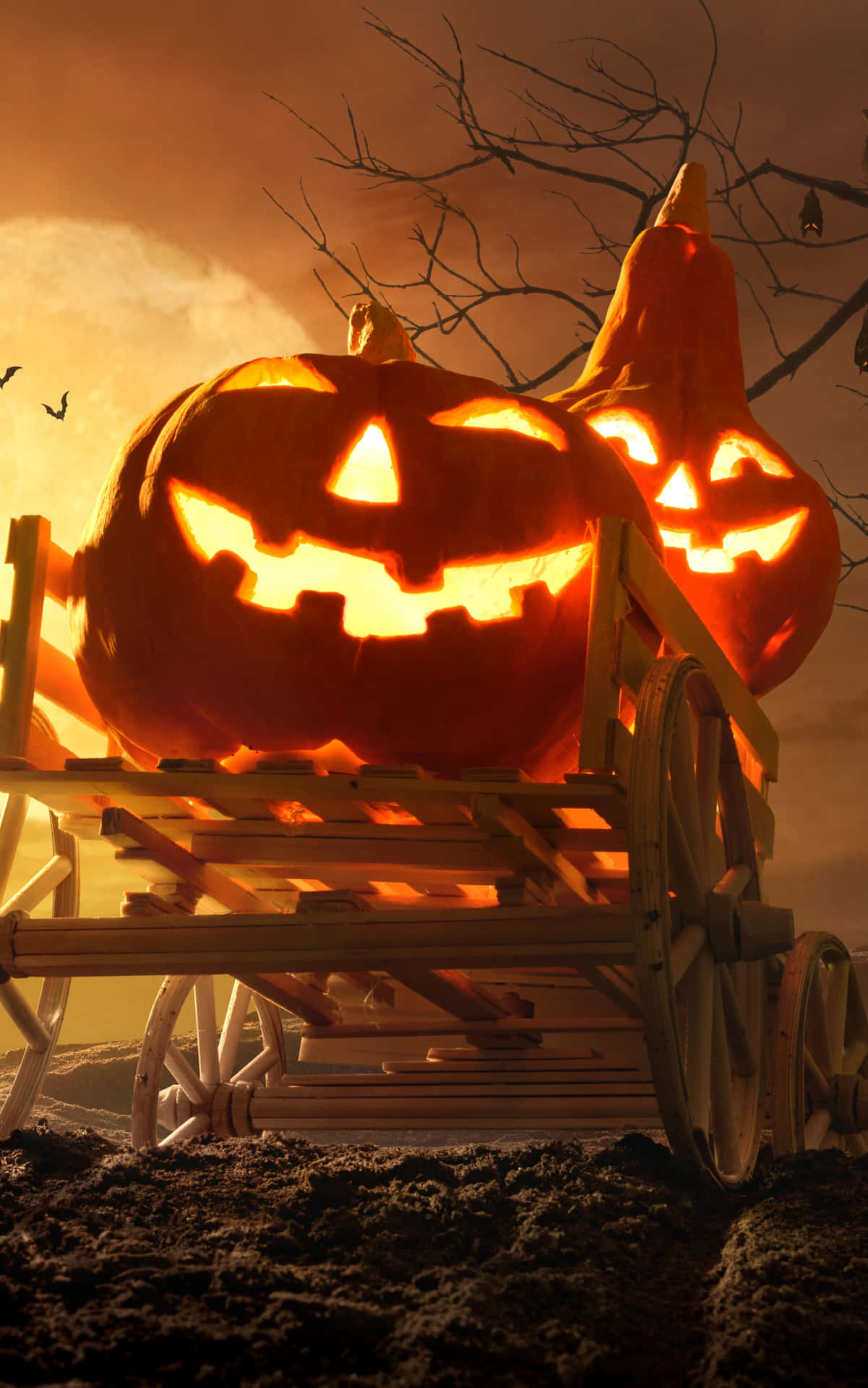 Halloween Pumpkin Cart Night Scene Wallpaper