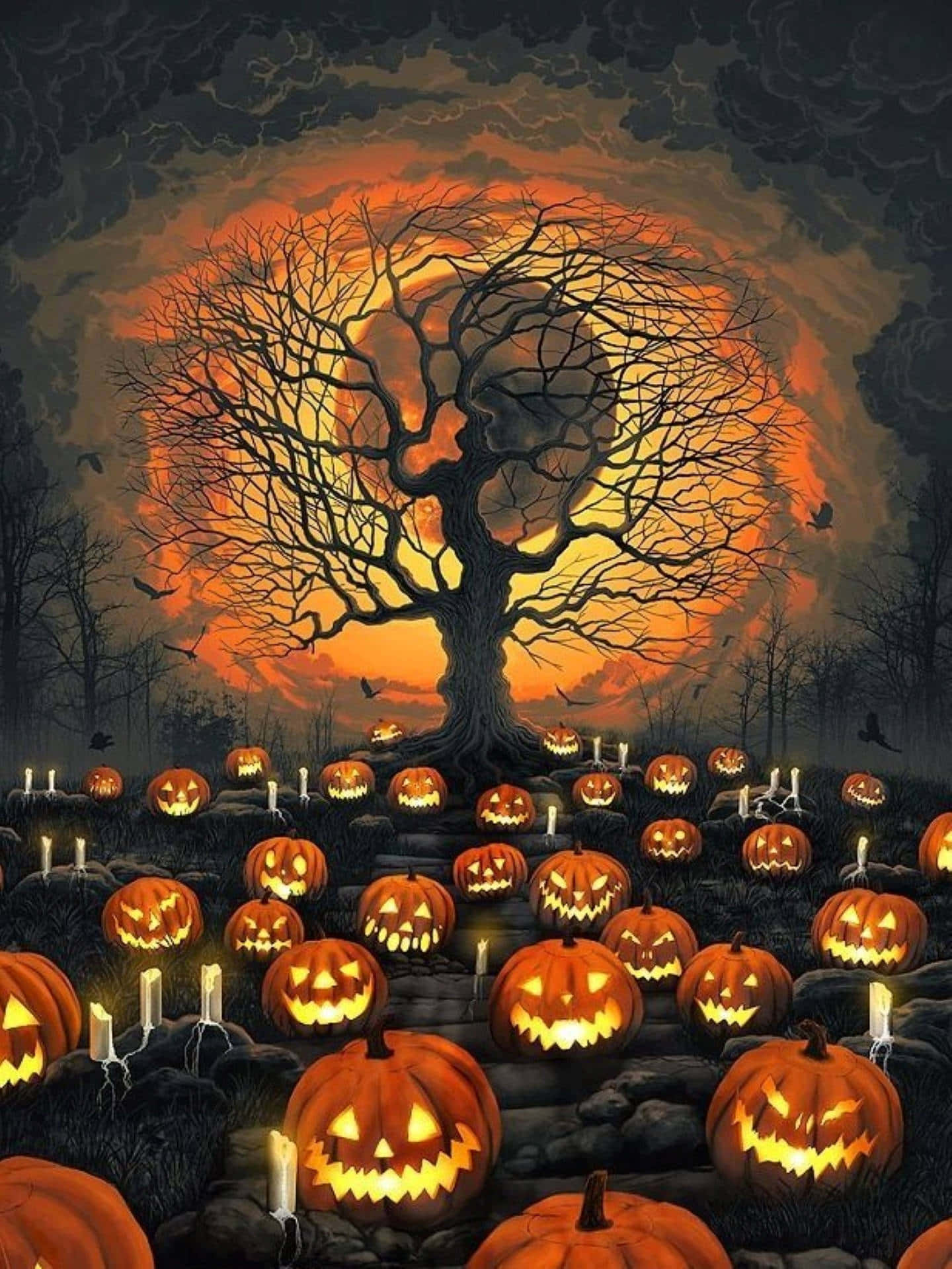 Halloween Pumpkin Tree Sunset Wallpaper