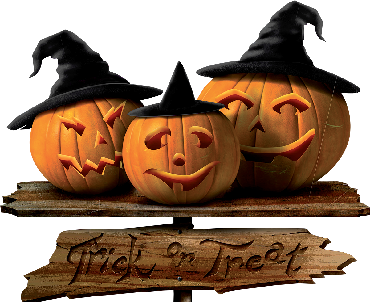 Halloween Pumpkin Trio With Witch Hats PNG
