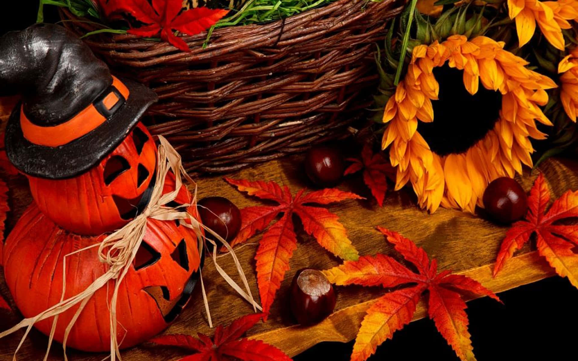 Halloween Pumpkinand Autumn Leaves Decor Wallpaper