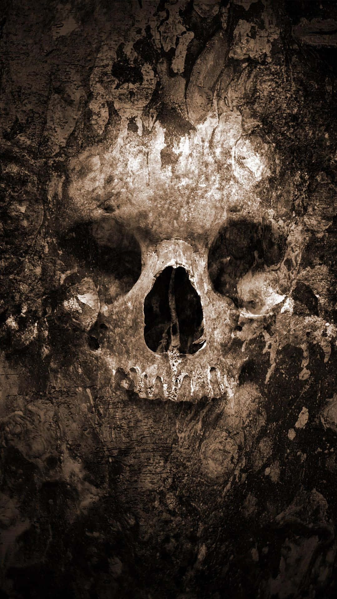 Spooky Halloween Skeleton Grinning in the Darkness Wallpaper