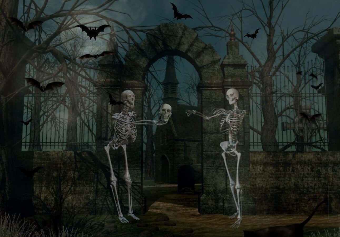 Scary Halloween Skeleton in a Haunted Graveyard Wallpaper