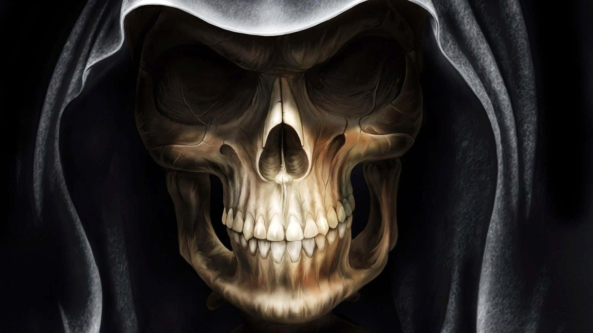 A Creepy Halloween Skeleton Emerging from the Shadows Wallpaper