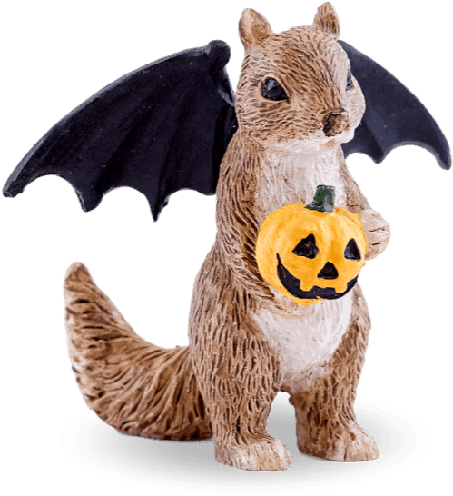 Halloween Squirrel Figurinewith Bat Wingsand Pumpkin PNG