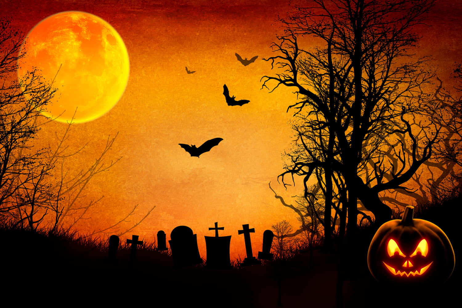 Fondode Pantalla De Halloween - Cementerio Con Cielo Anaranjado.