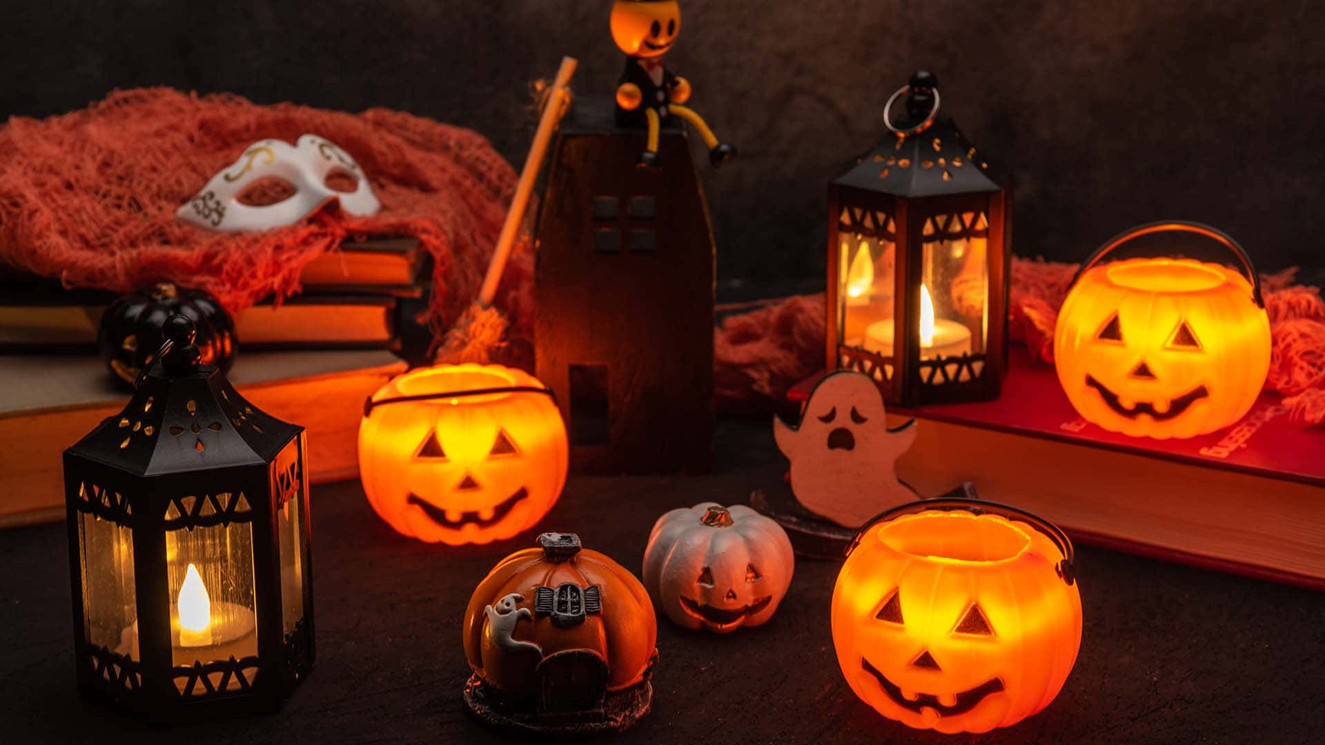 Halloween Teams Background Lamps Pumpkin Containers Wallpaper