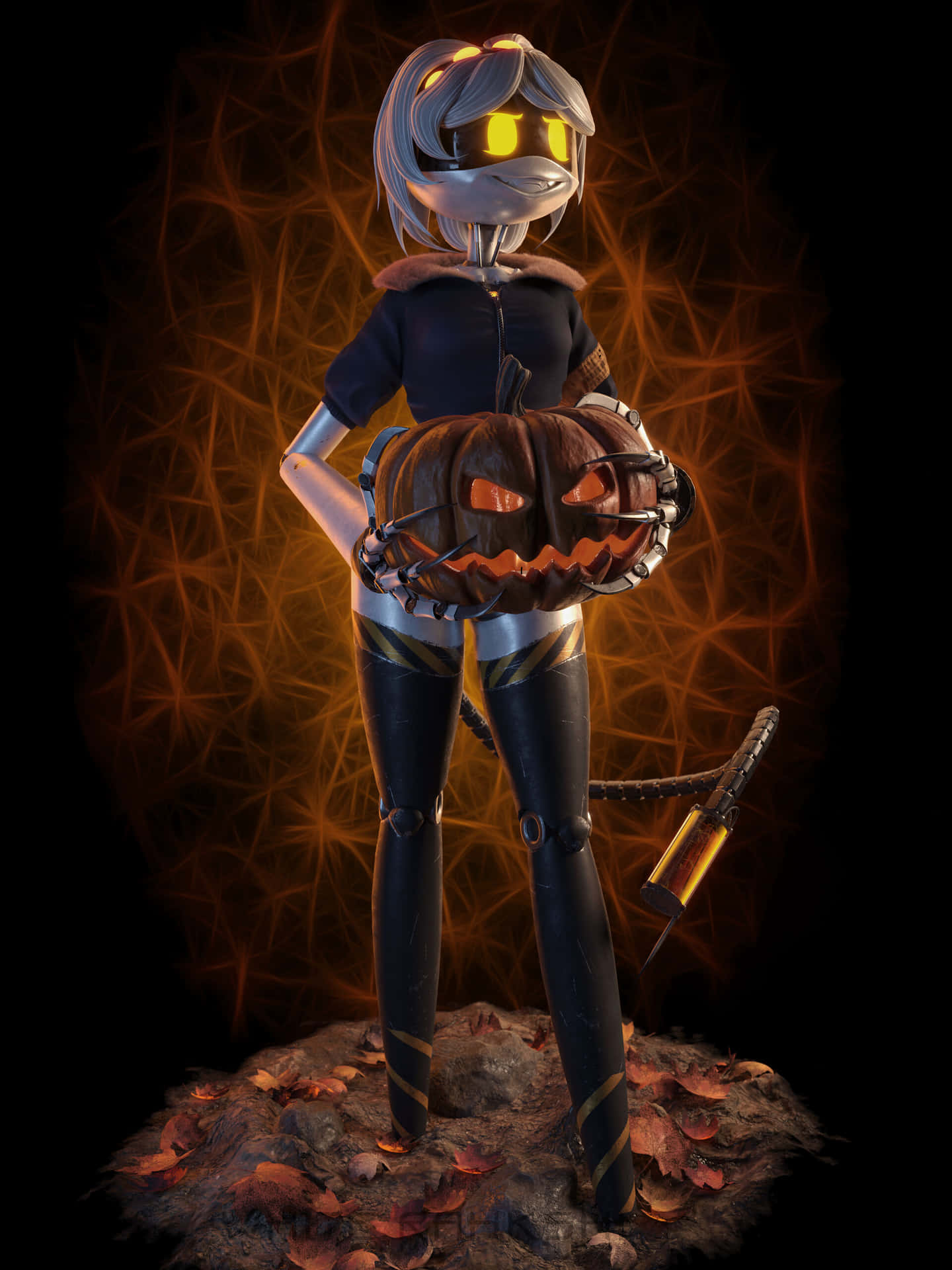 Halloween Themed Robot With Pumpkin Basket Wallpaper
