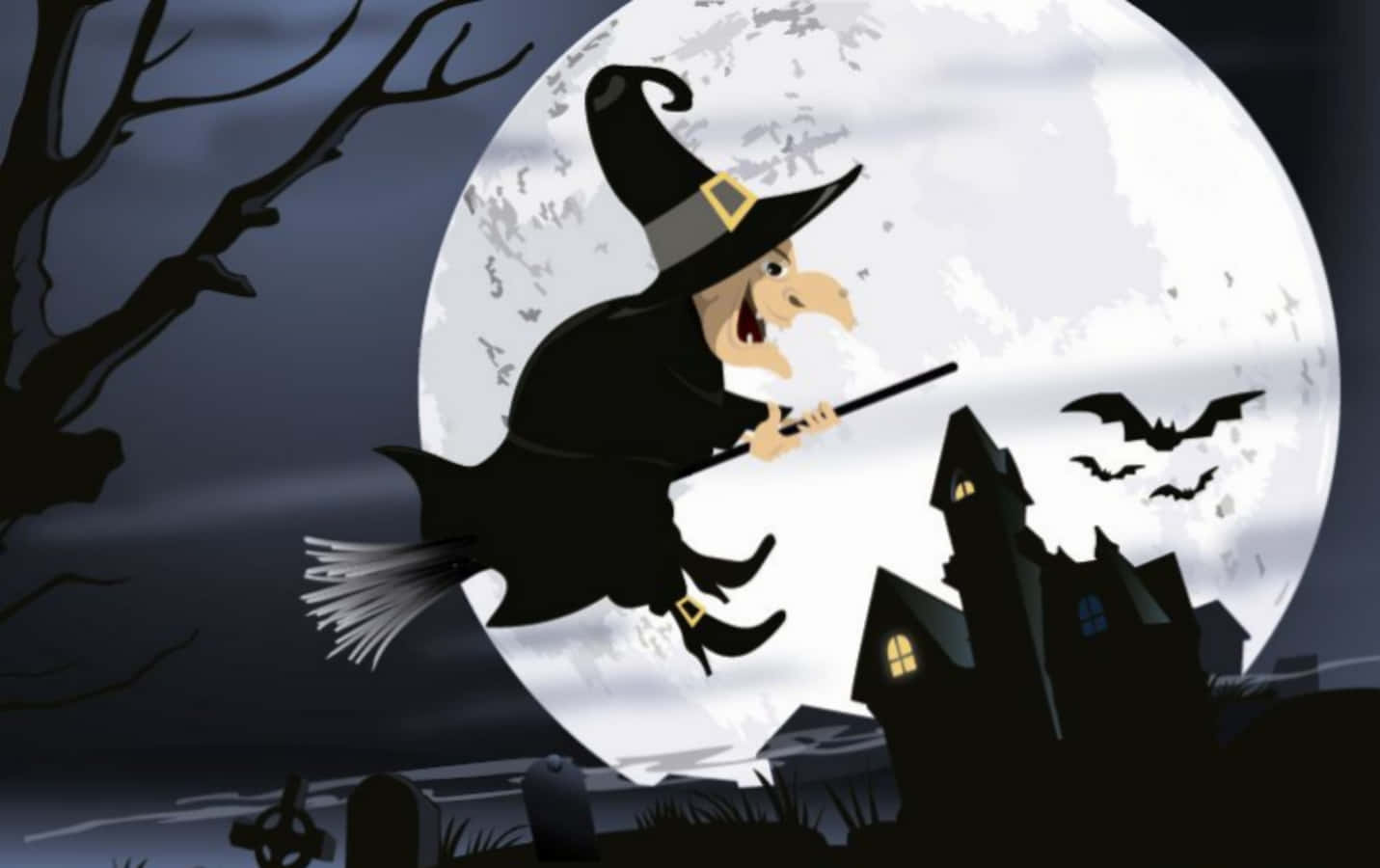 Halloween Witch Flying On A Broom In Front Of A Full Moon Wallpaper
