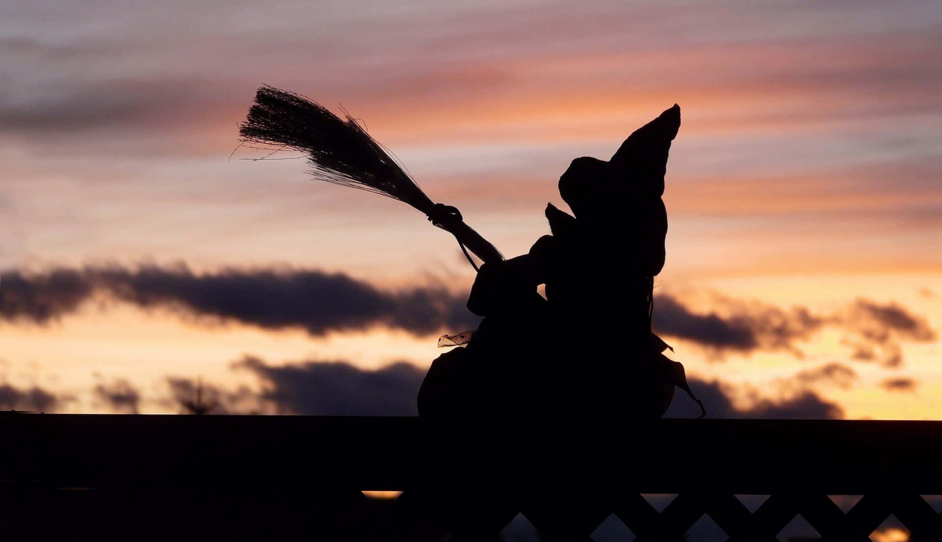 Sunset Sky Halloween Witch Silhouette Wallpaper