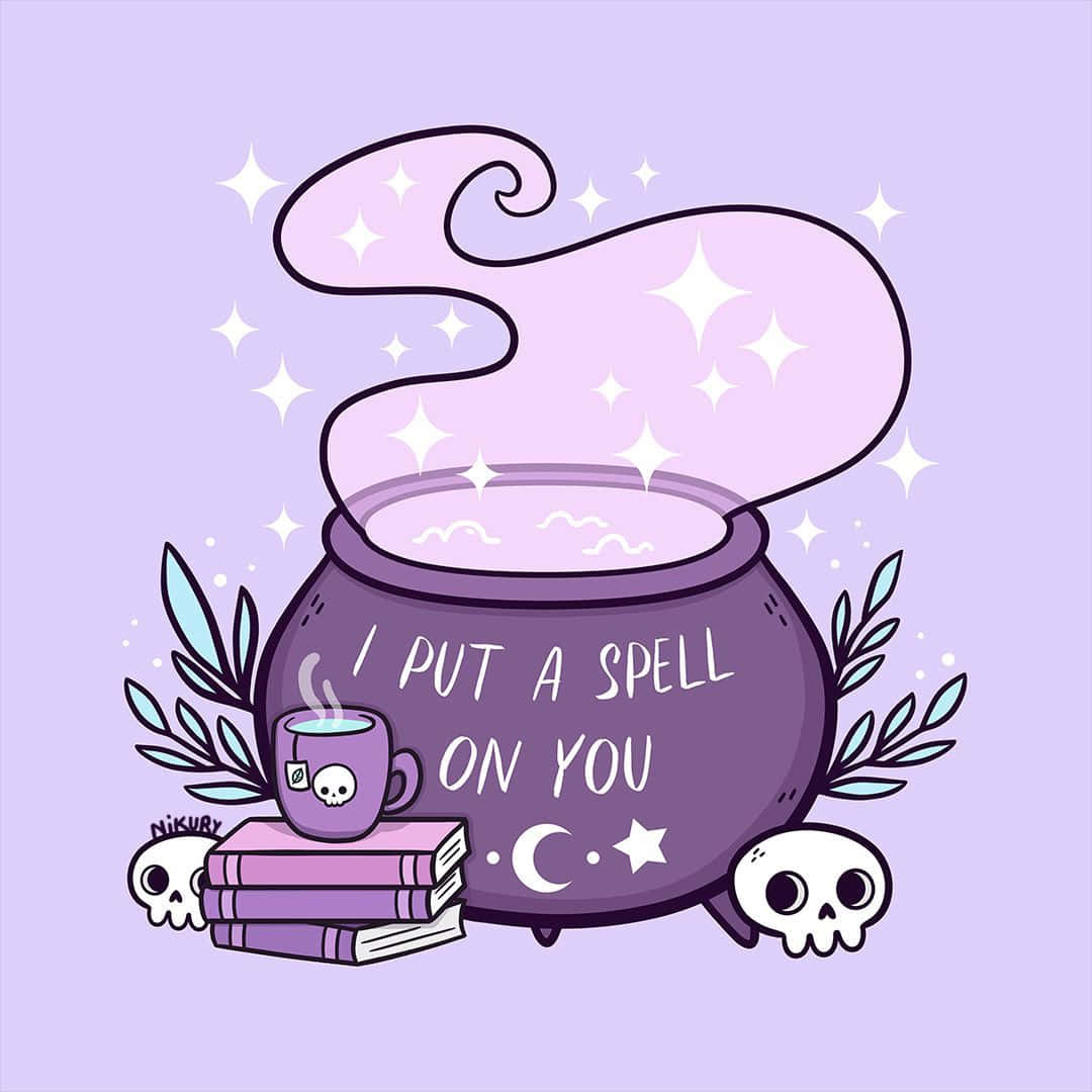 A Witch With A Cauldron And A Skull Wallpaper