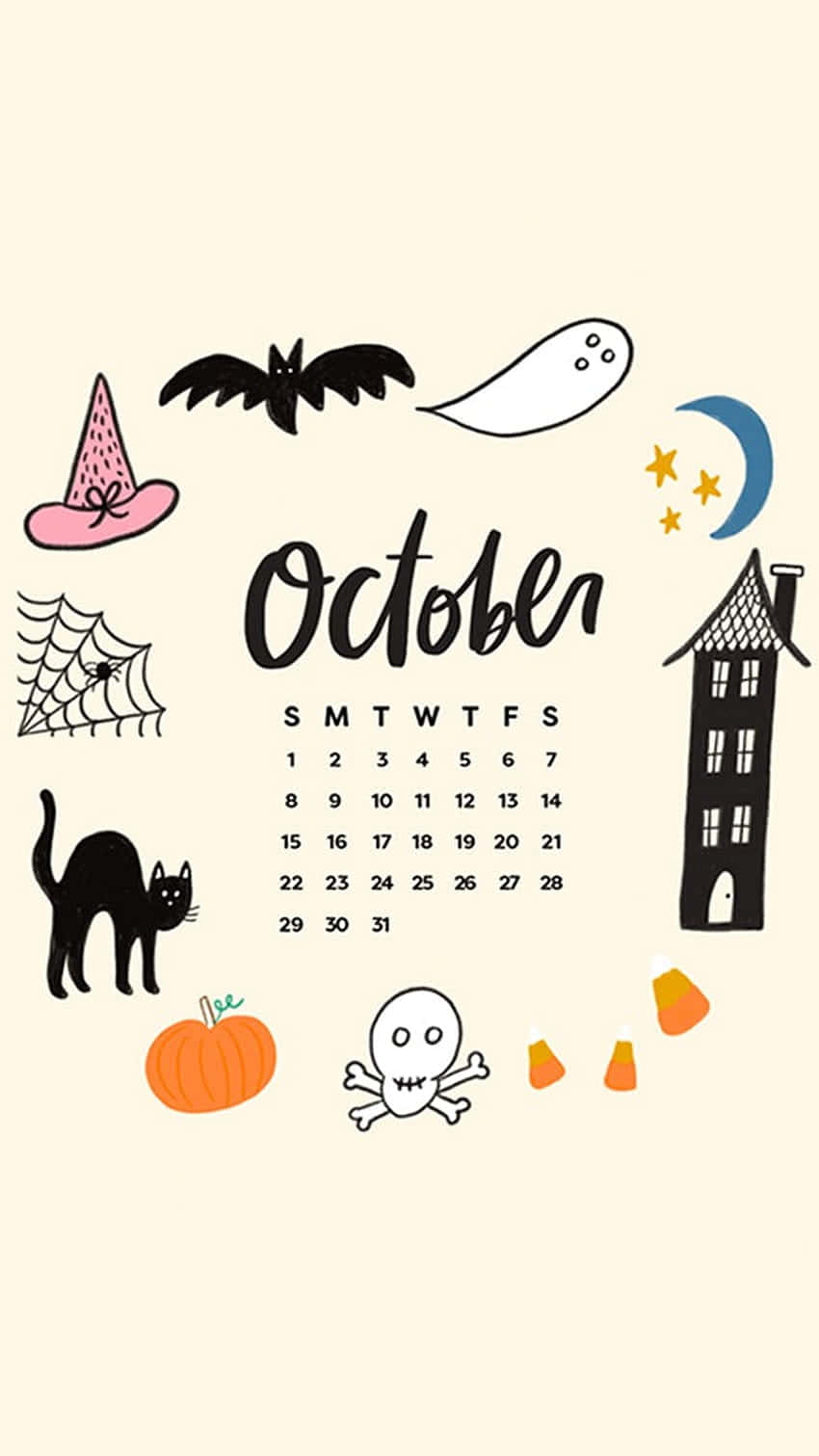 Kalender til halloween med en sort kat, flagermus og spøgelser Wallpaper