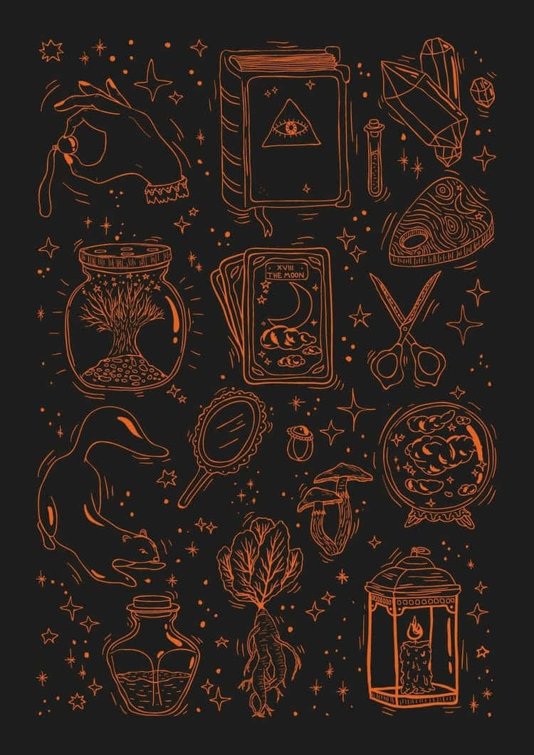 A Black Background With Various Items Drawn On It Wallpaper