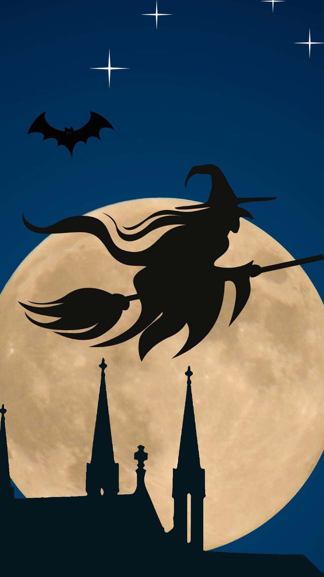 Fuldmåne Halloween Heks Flyvende på en Besætningsstang Wallpaper
