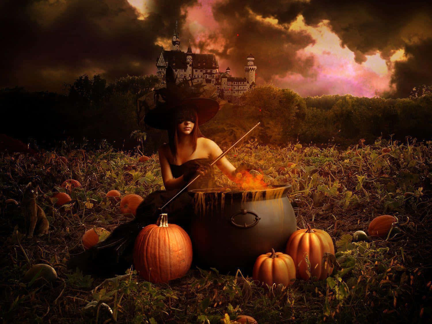 Halloween Witch With Cauldron And Pumpkin Wallpaper