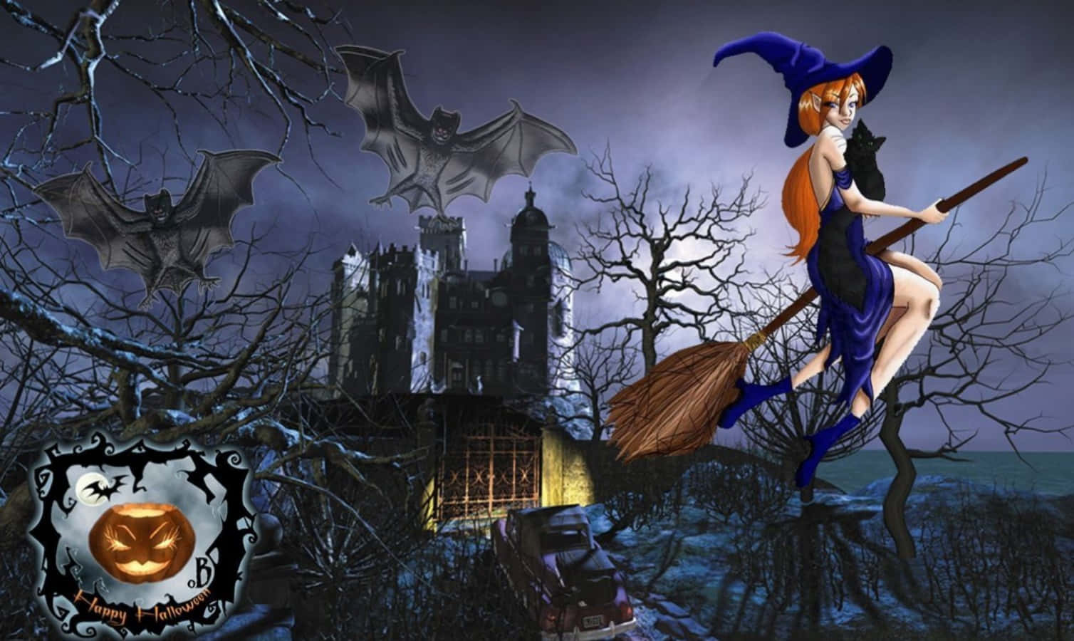 Creepy witch cackles during a full moon on Halloween night. Wallpaper