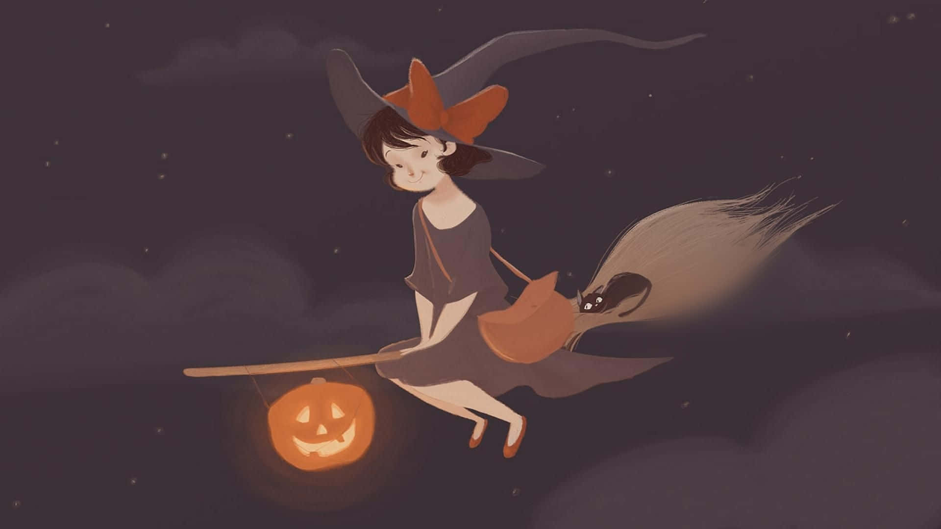 Cute Halloween Witch On Broom Wallpaper