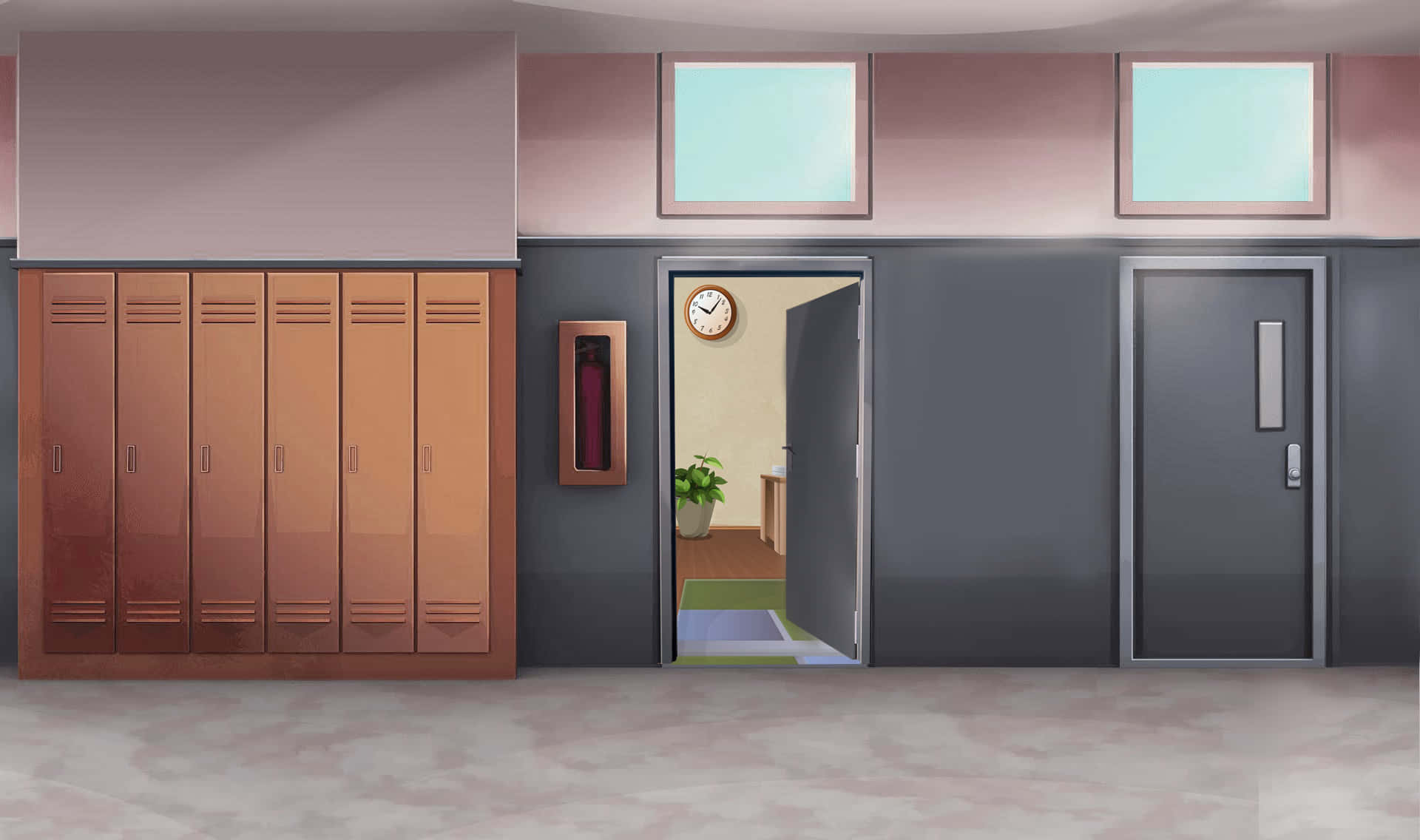 A Cartoon Image Of A Hallway With Lockers And A Door