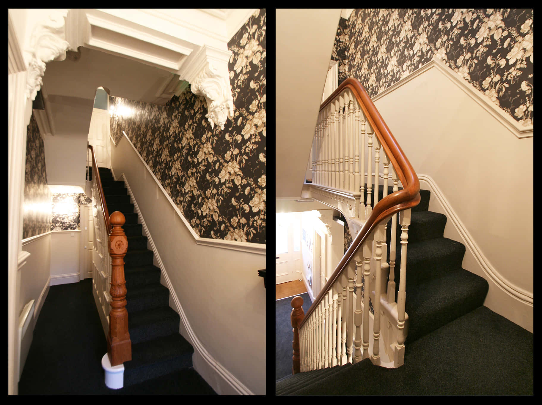 A Staircase With A Wooden Handrail