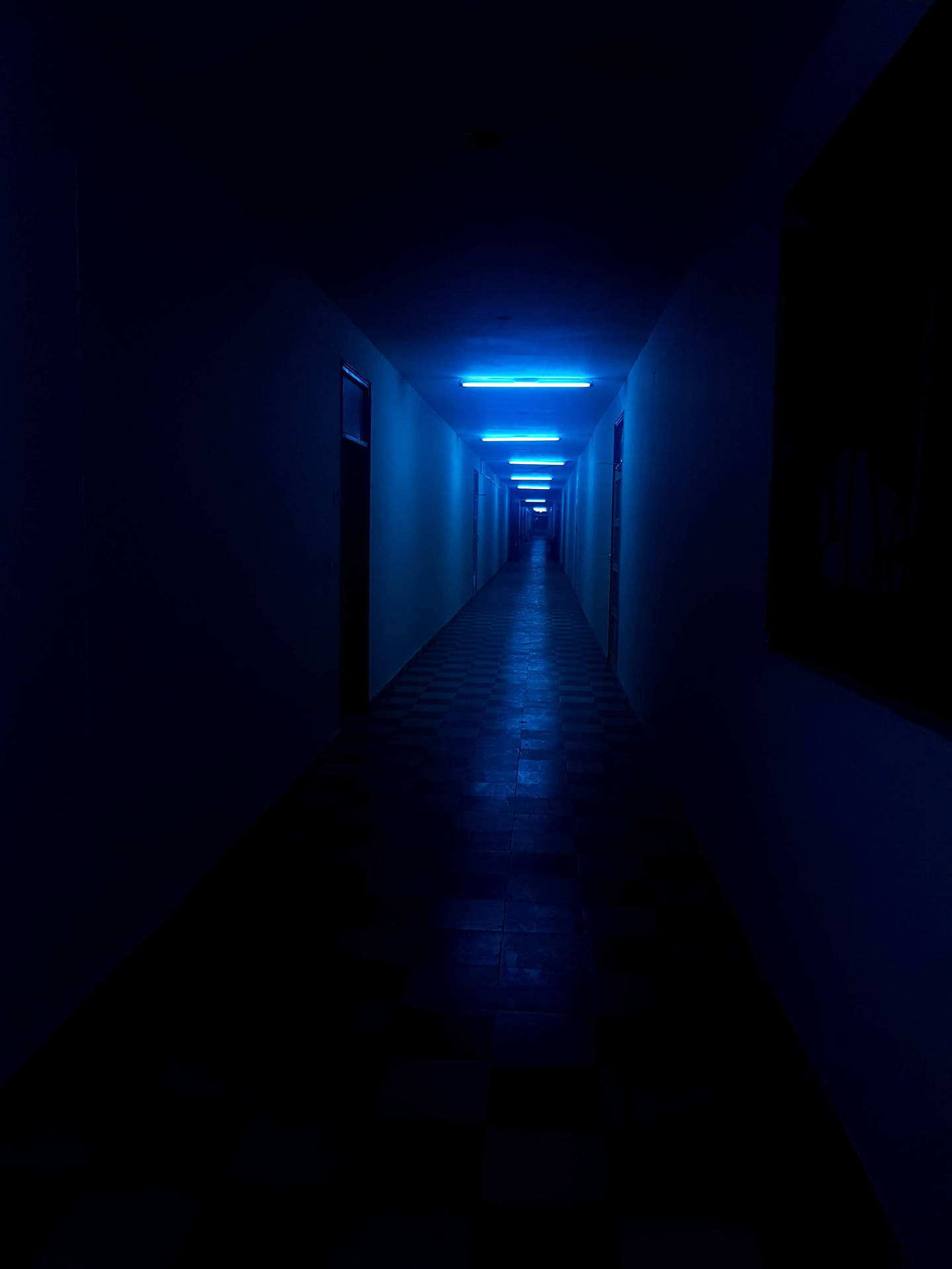Hallway Glowing In Neon Blue iPhone Wallpaper