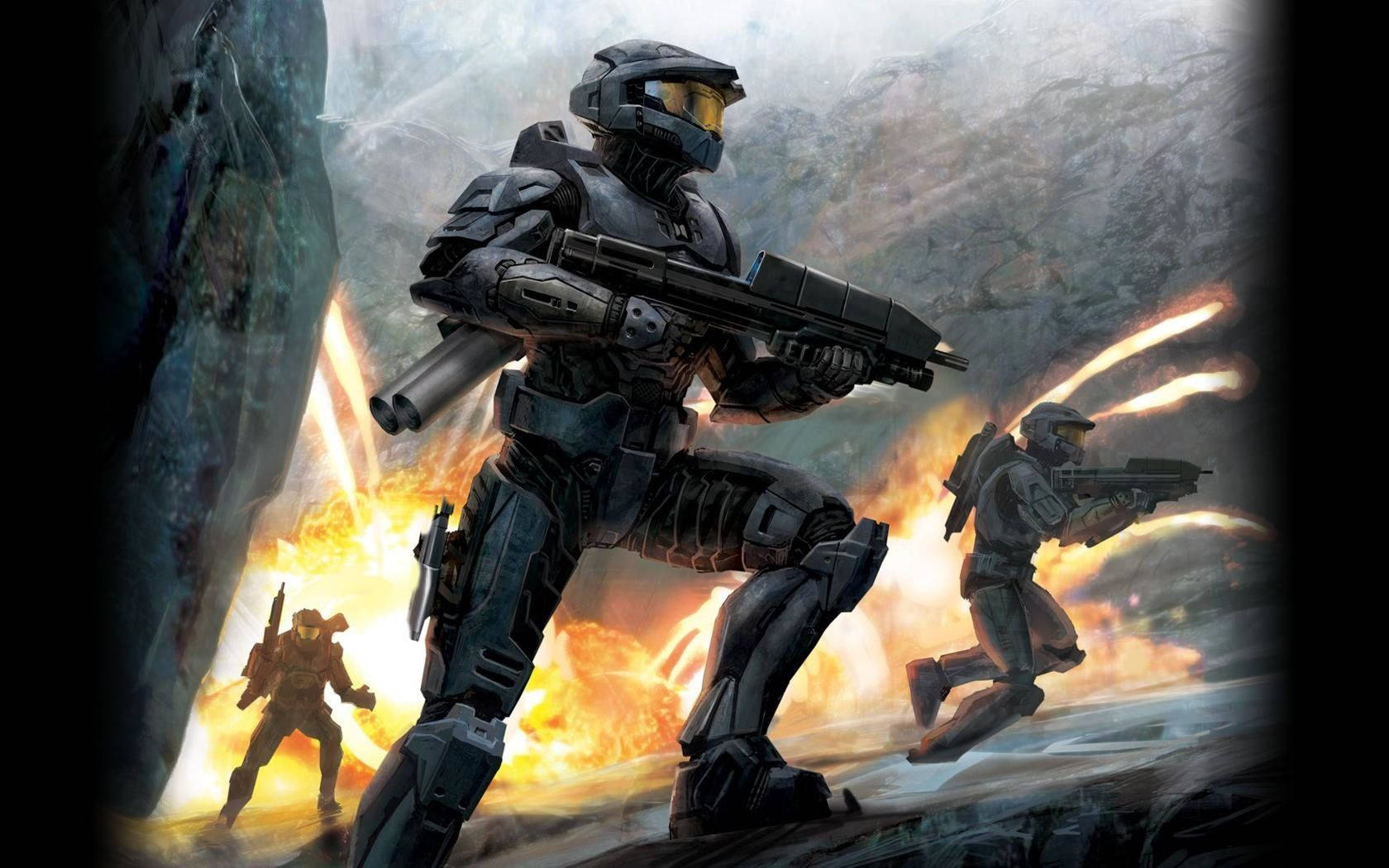 "2 Spartans Locked in Combat in the World of Halo" Wallpaper