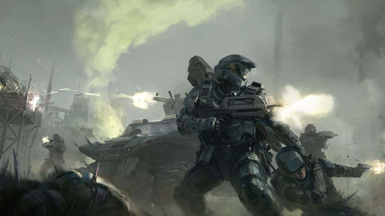 Halo Battle Scene: Intense Multiplayer Action Wallpaper