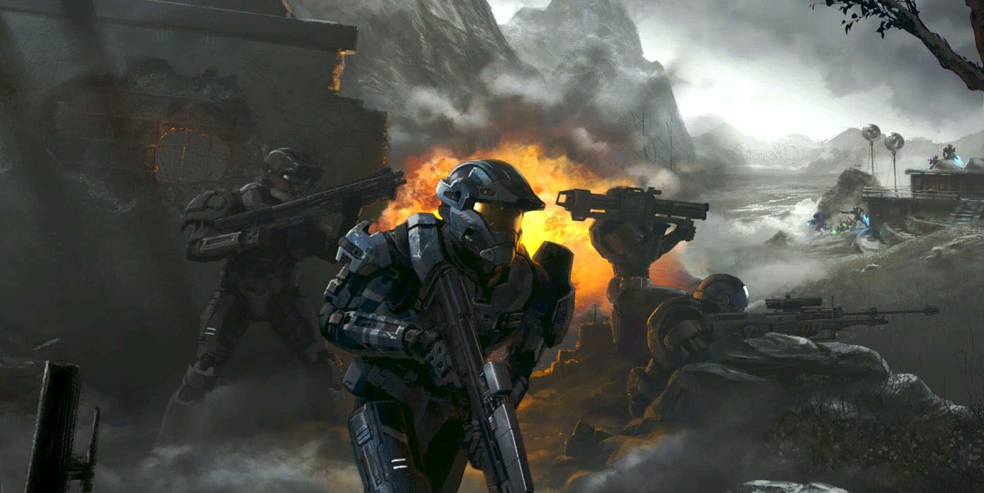 Intense Halo Battle in Vibrant Sci-Fi World Wallpaper
