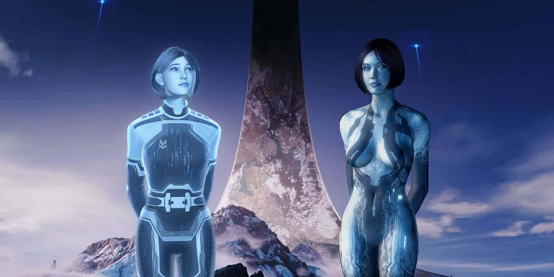 Cortana, the AI Companion from the Halo series, in a digital landscape. Wallpaper