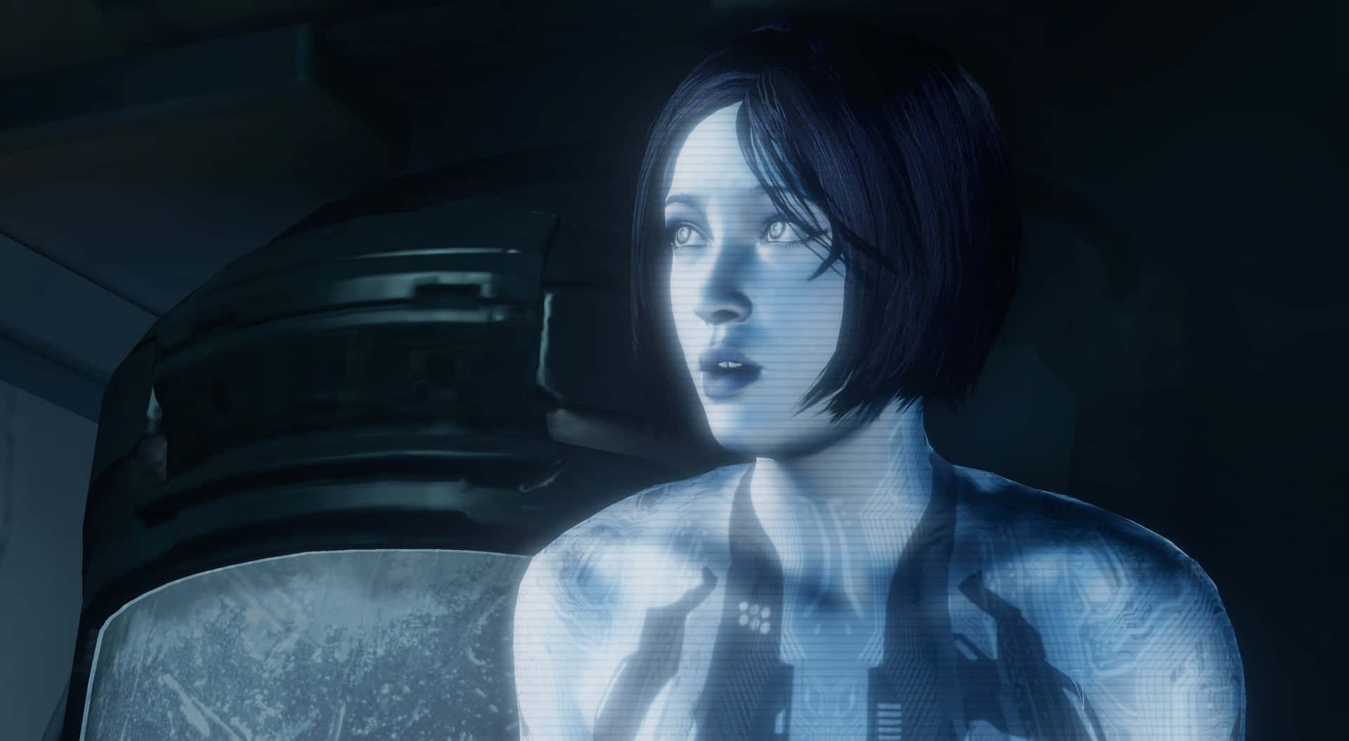Cortana, the AI character from the Halo game franchise against a futuristic backdrop Wallpaper