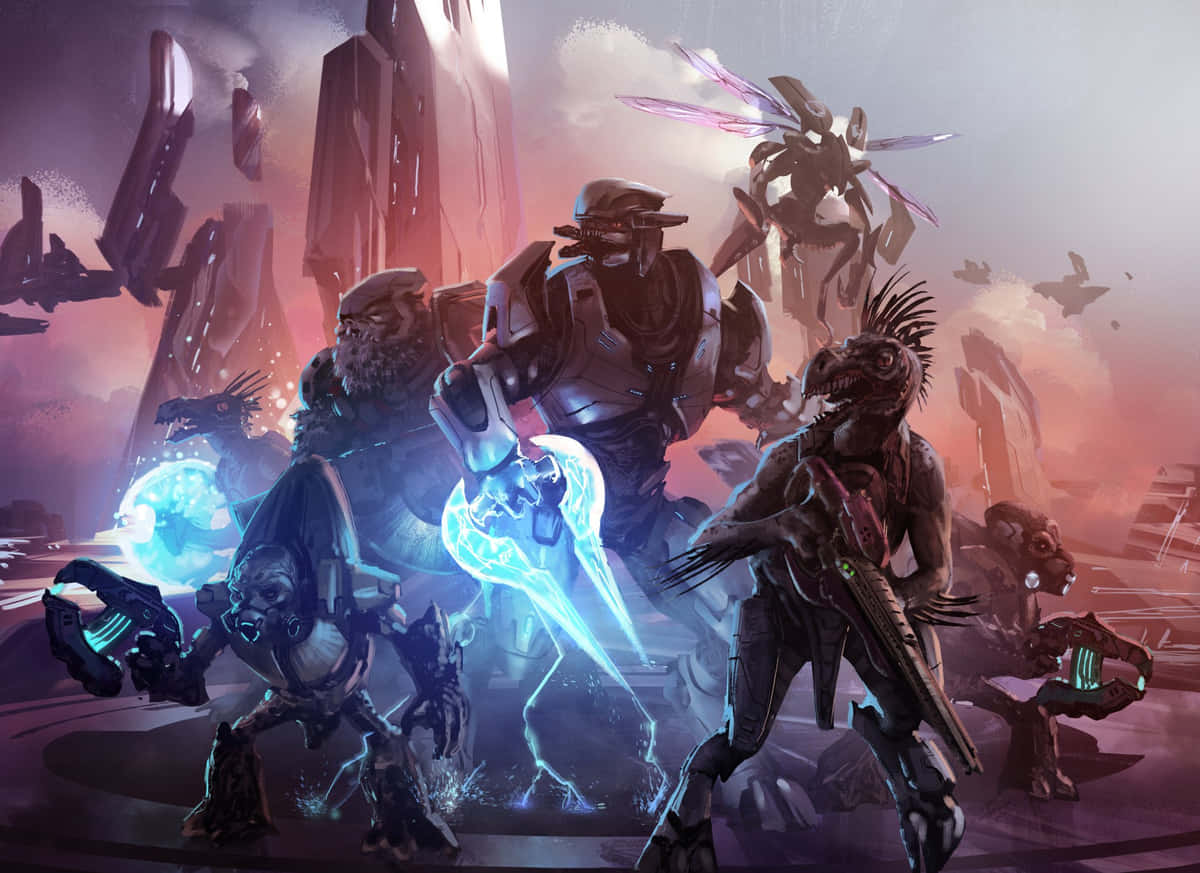 Thrilling Battle Scene with Halo Covenant Forces Wallpaper