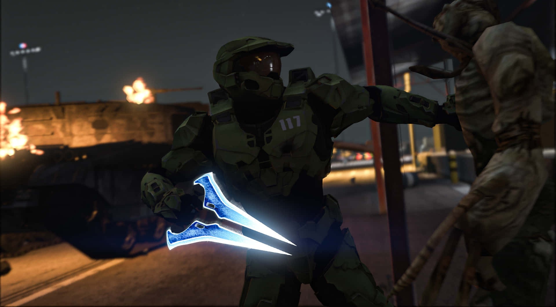 Espadade Energía De Halo Brillando En Acción. Fondo de pantalla