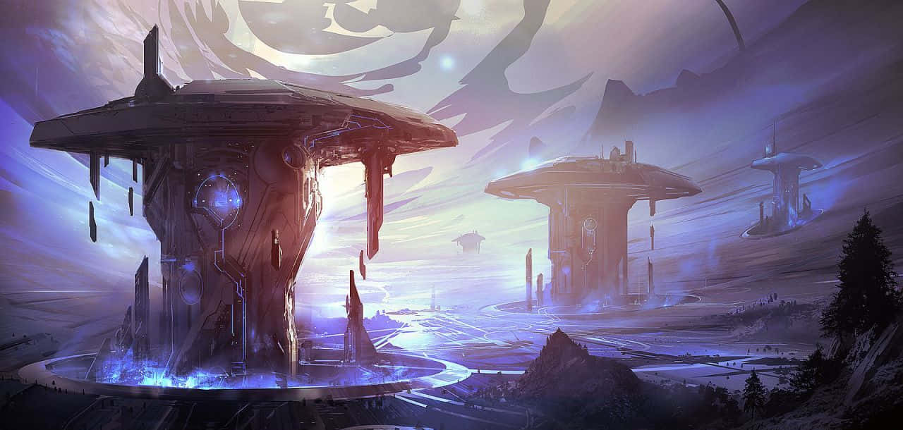 Mysterious Forerunner Structure in the midst of a Halo battle. Wallpaper