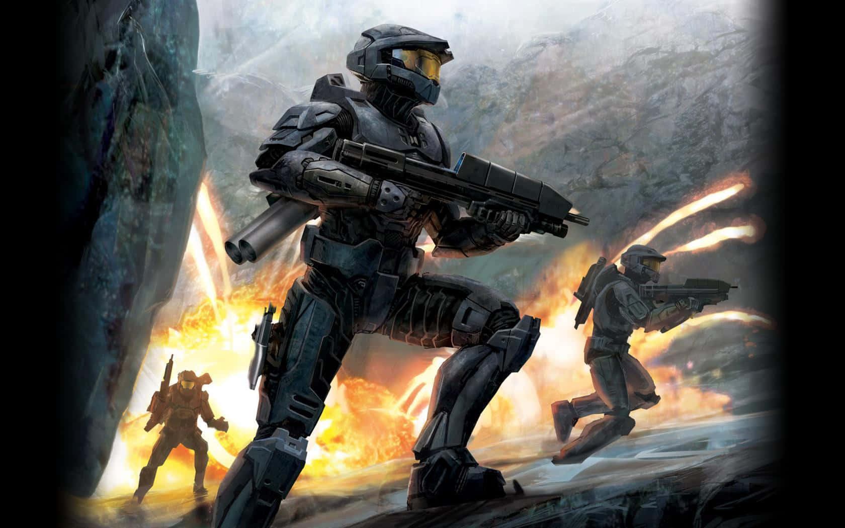 Spartan soldiers with advanced weaponry in the Halo universe Wallpaper