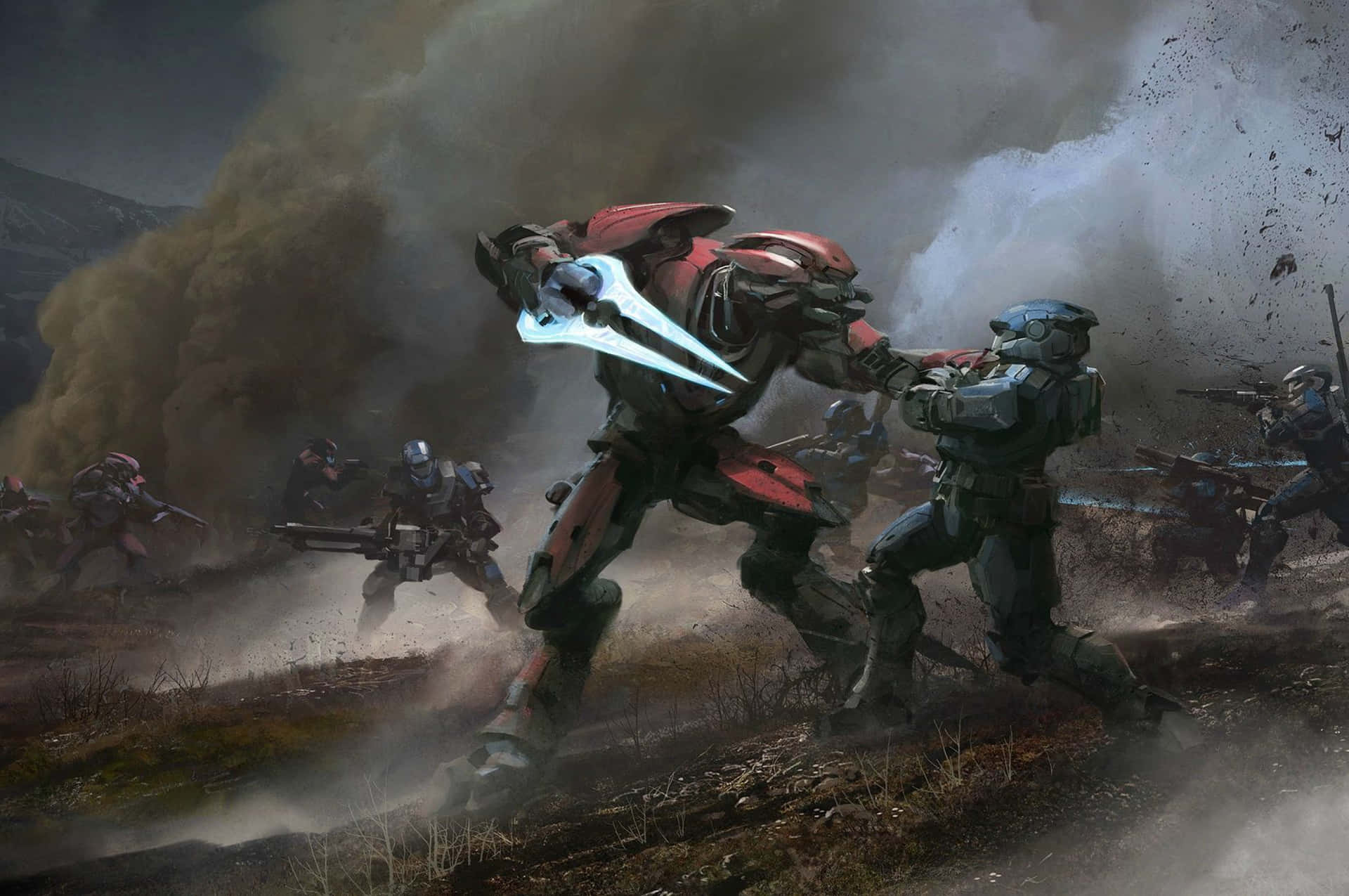 Caption: Intense Spartan Battle in the Halo Universe Wallpaper