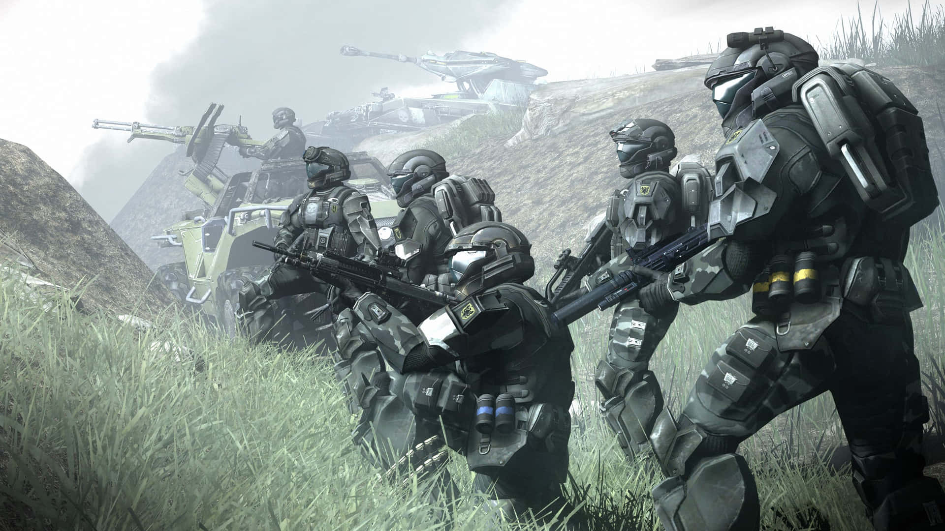 Caption: The Elite Squad of Halo Spartans Wallpaper
