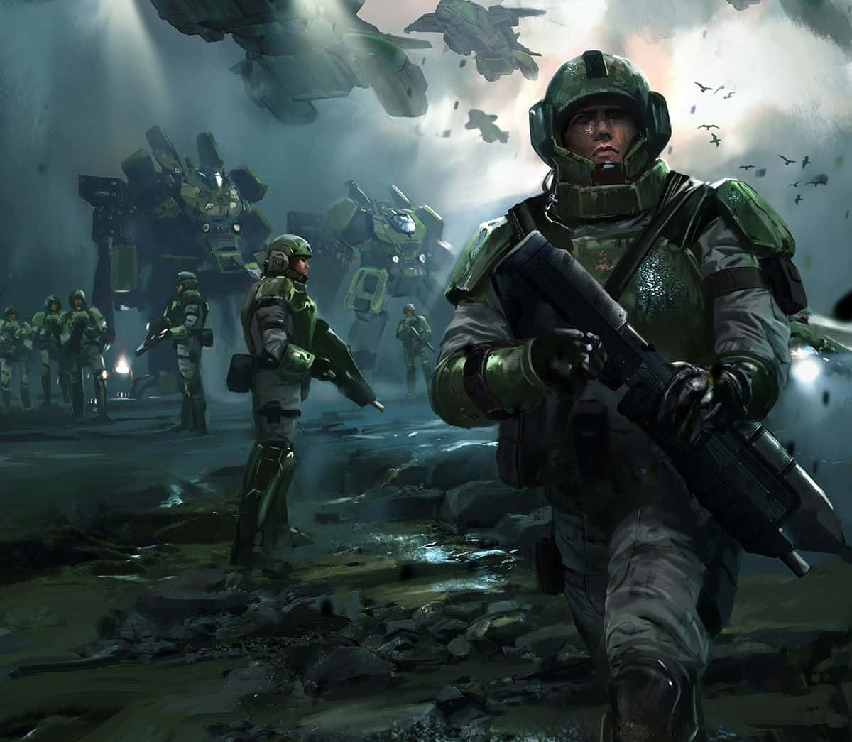 Intense Battle Scene featuring Halo UNSC Troops Wallpaper